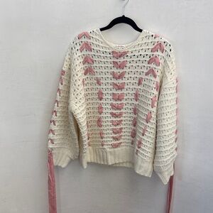 Cream Open-Knit Sweater with Pink Ribbon Detail